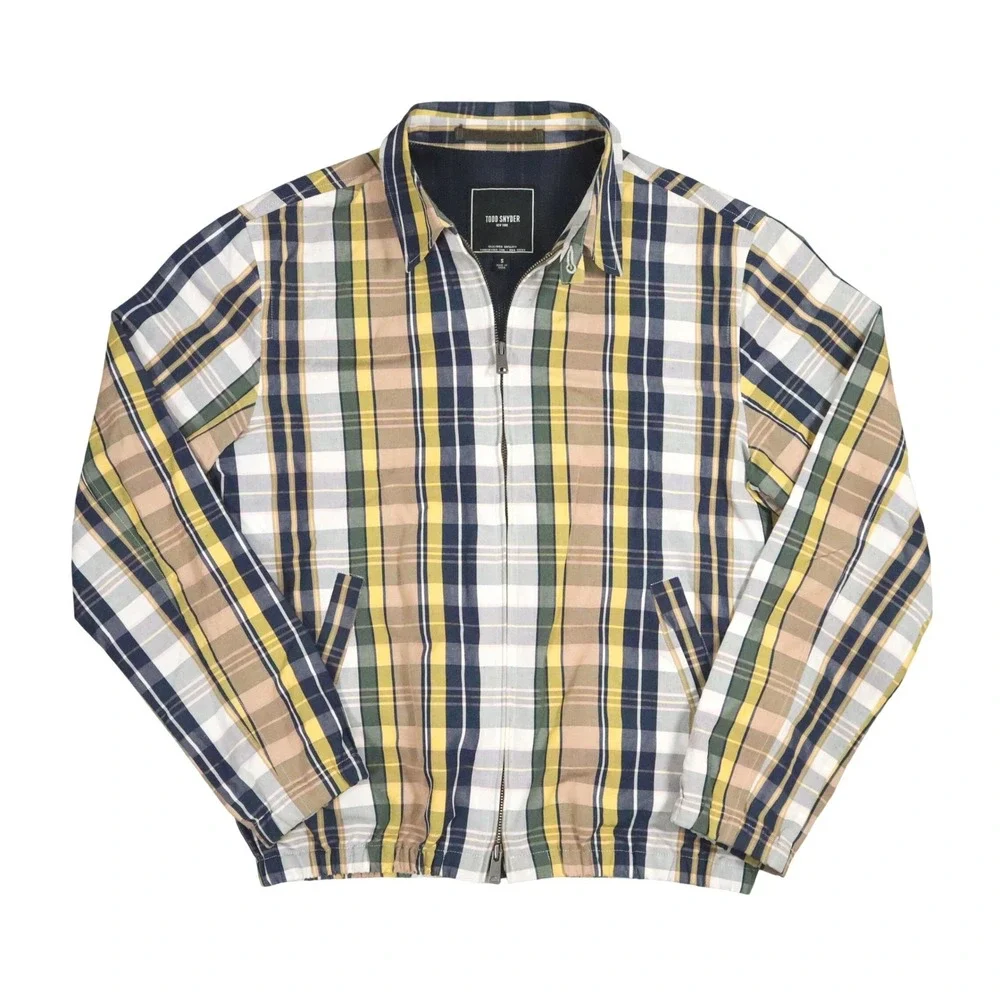 Todd Snyder Madras Club Jacket Mens S‎ Navy Yellow Plaid Cotton Linen Full-Zip